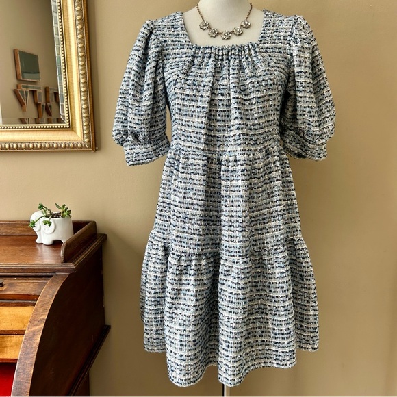 Sister Jane Waltz Tweed Confetti Mini Dress Babydoll Puff Sleeve Tiered Size S - Picture 4 of 14